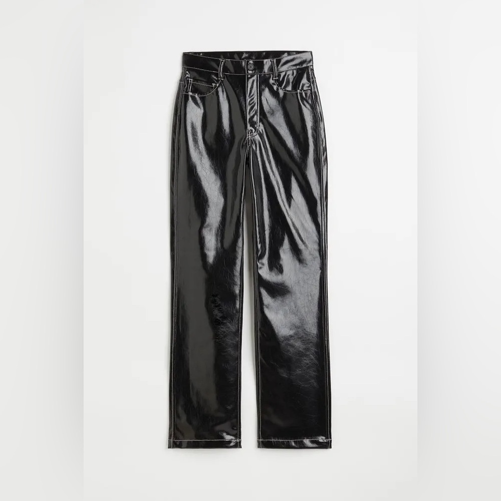 Womens H&M Faux Leather Straight Pants Black W/ White Seams Night Out Casual